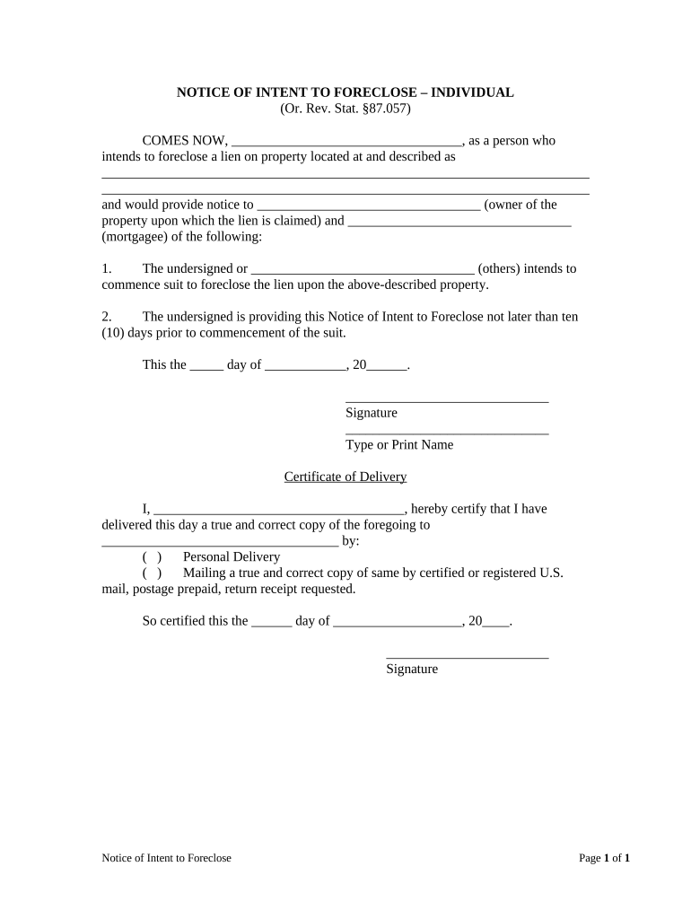 Intent Foreclose  Form