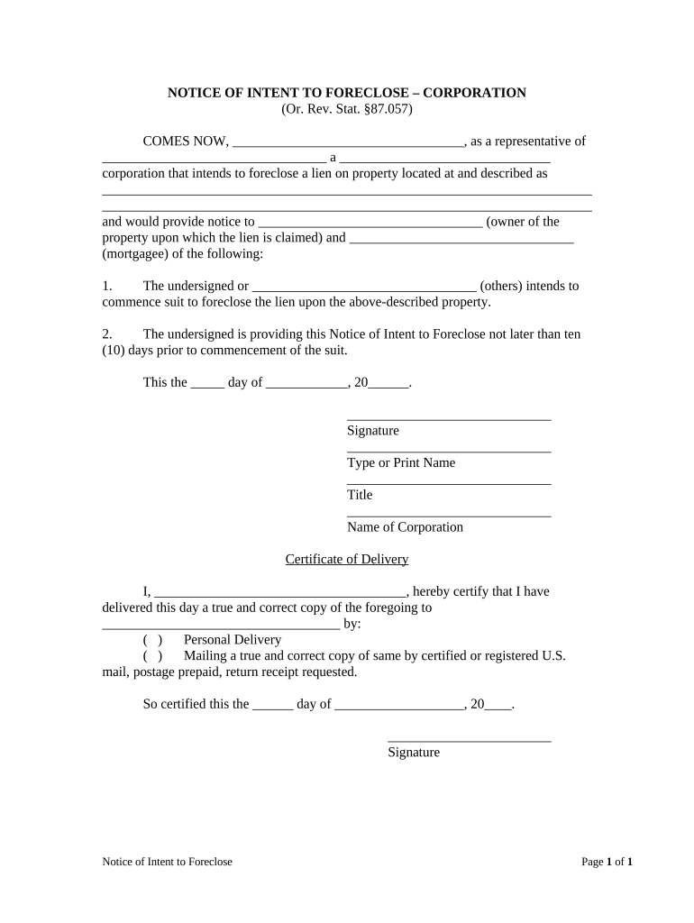 Notice of Intent to Foreclose Corporation or LLC Oregon  Form