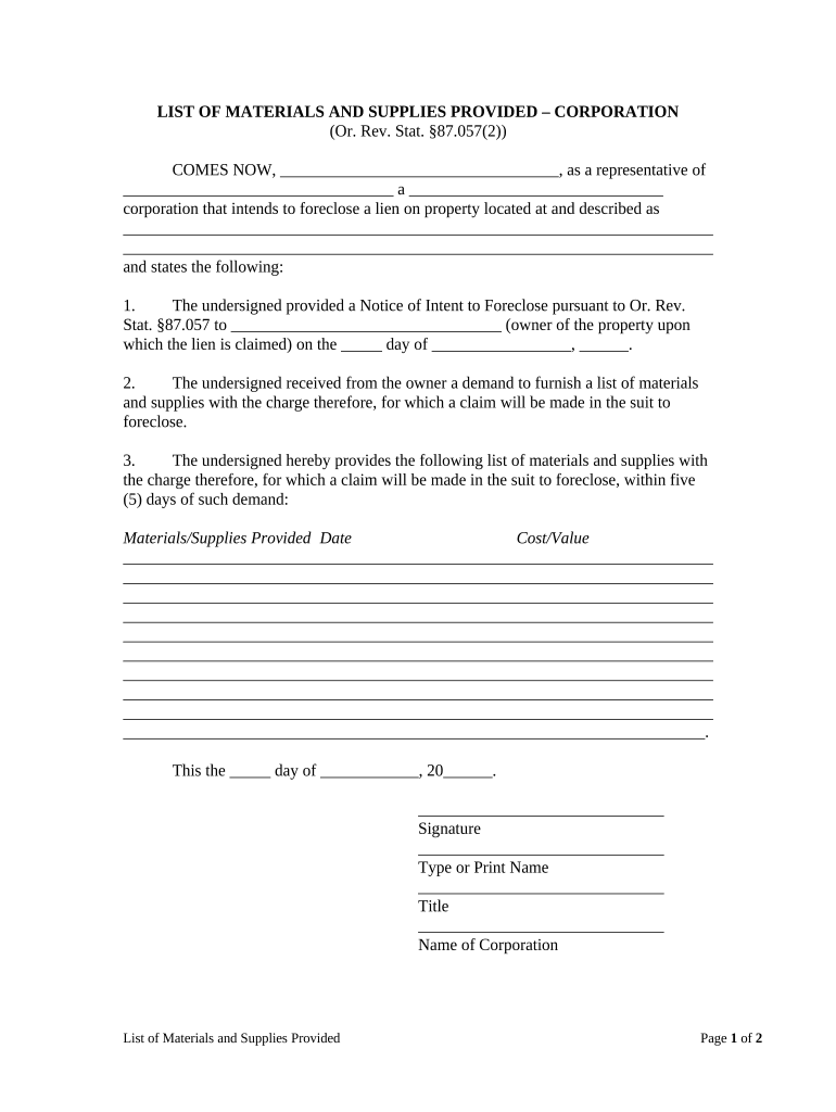 List of Material and Supplies Provided Corporation or LLC Oregon  Form