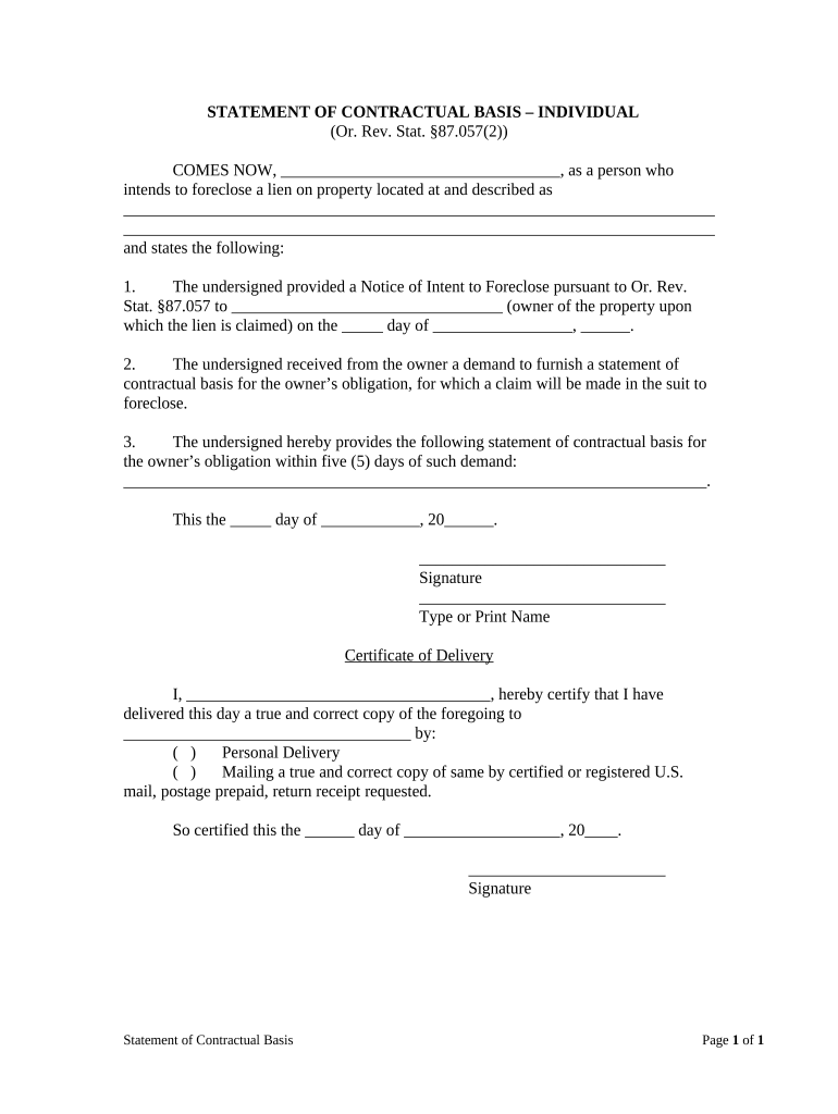 Statement of Contractual Basis Individual Oregon  Form