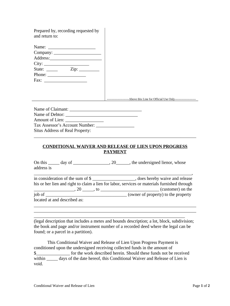Conditional Waiver and Release of Claim of Lien Upon Progress Payment Oregon  Form