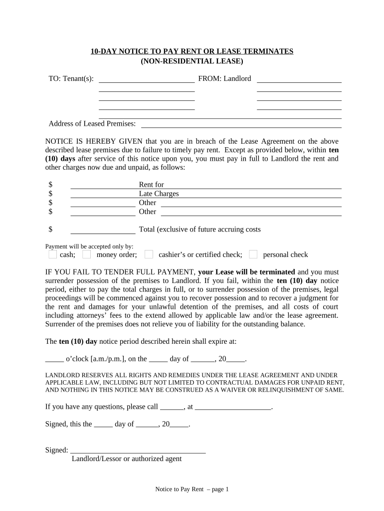 10 Day Notice to Pay Rent or Lease Terminated for NonResidential Property Oregon  Form
