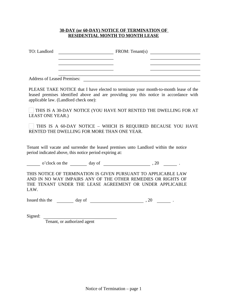 30 Day or 60 Day Notice to Terminate Month to Month Lease for Residential from Tenant to Landlord Oregon  Form