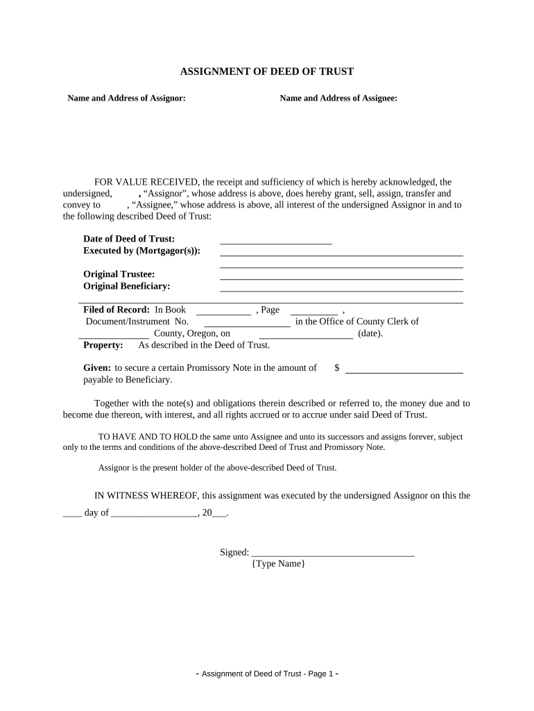 Assignment of Deed of Trust by Individual Mortgage Holder Oregon  Form