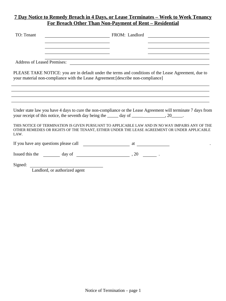 7 Day Notice to Remedy Breach or Lease Terminates Week to Week Tenancy Other Than New Payment of Rent Residential Oregon  Form