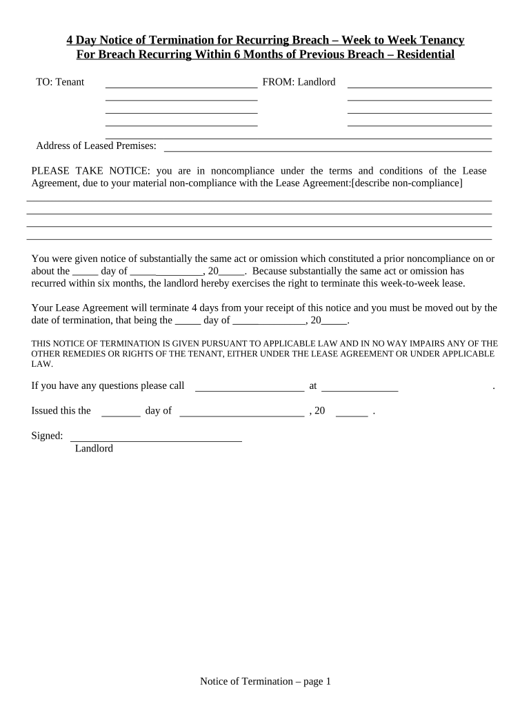 4 Day Notice to Remedy Reoccurring Breach or Lease Terminates Week to Week Tenancy Other Than Nonpayment of Rent Residential Ore  Form