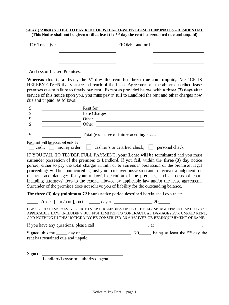 72 Hour Notice to Pay Rent or Lease Terminates Week to Week Lease Residential Oregon  Form