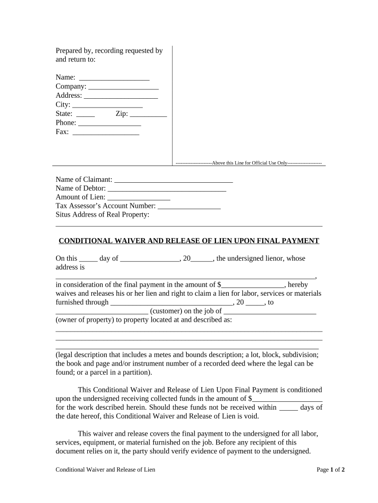 Waiver and Release of Lien Upon Final Payment  Form