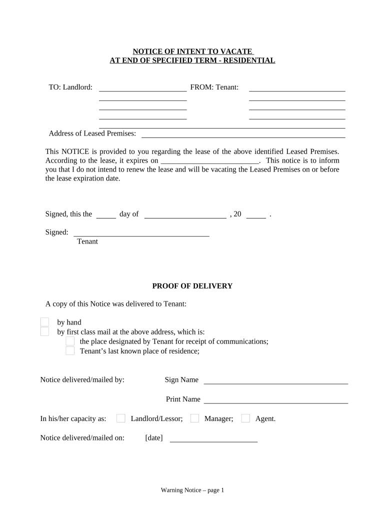 Notice of Intent to Vacate at End of Specified Lease Term from Tenant to Landlord for Residential Property Oregon  Form