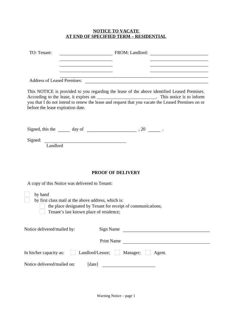 Notice of Intent Not to Renew at End of Specified Term from Landlord to Tenant for Residential Property Oregon  Form