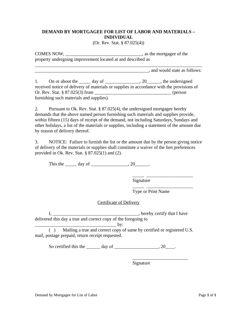 Demand by Mortgagee for List of Labor and Materials Individual Oregon  Form