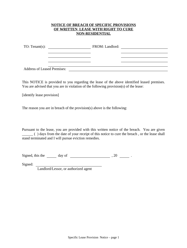 Notice Breach Lease  Form