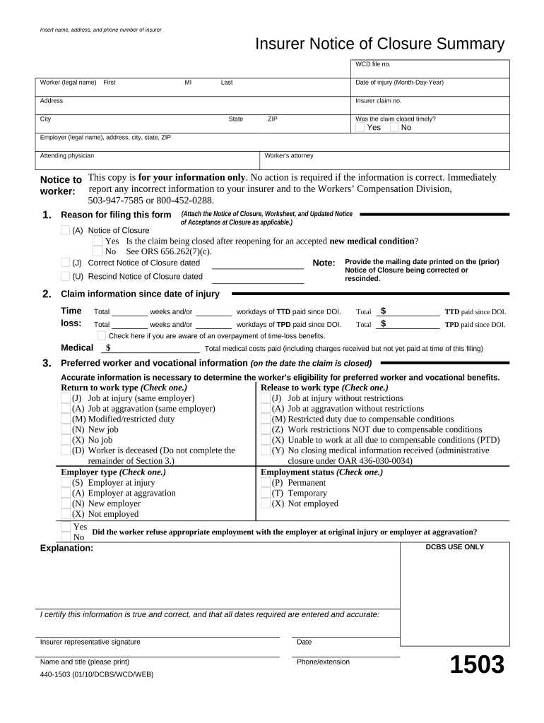 Insurer Notice of Closure Summary Oregon  Form