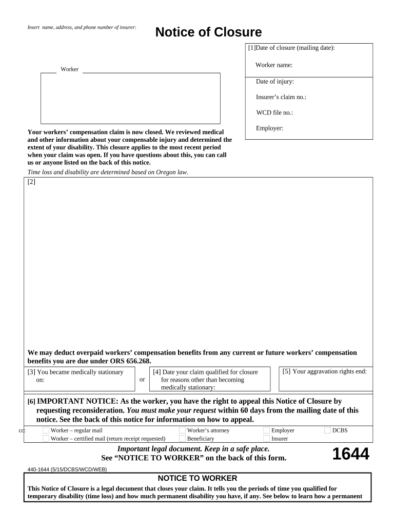 Notice of Closure Oregon  Form