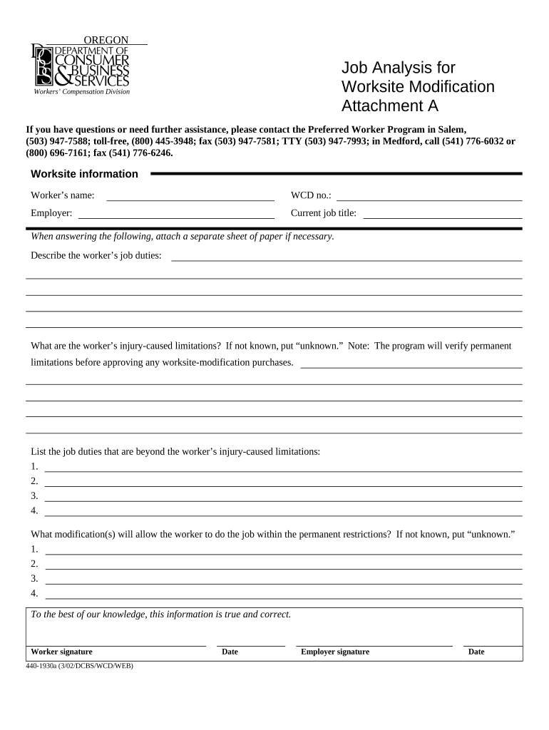 Job Analysis for Worksite Modification Attachment a Oregon  Form