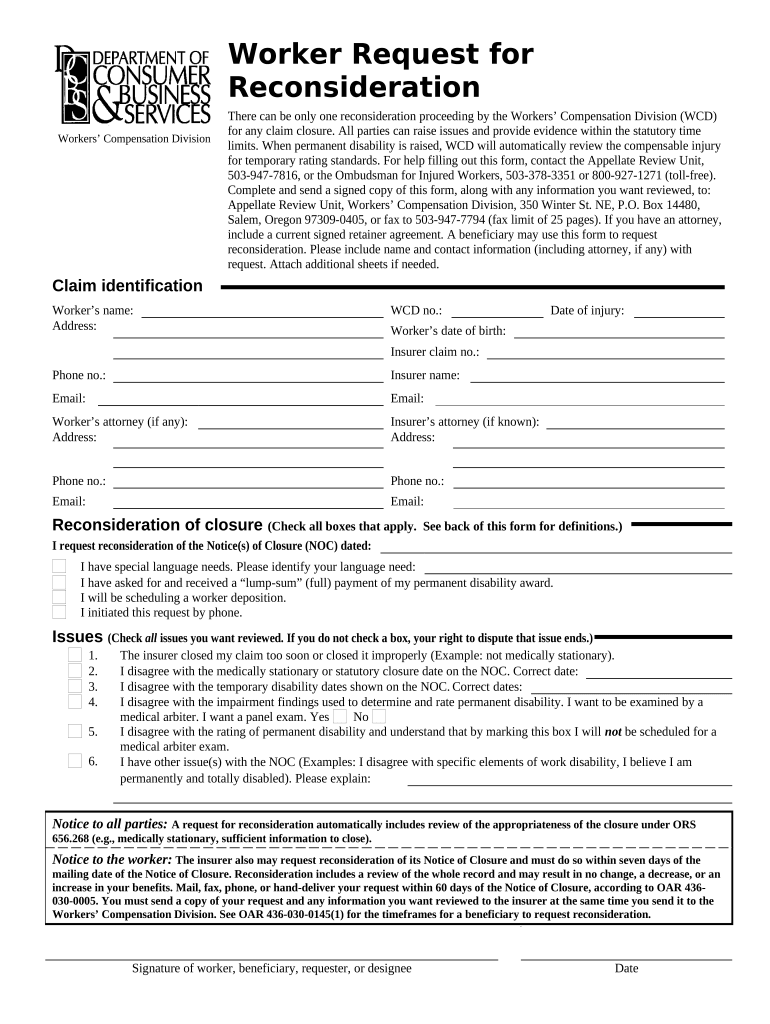 Worker Request for Reconsideration Oregon  Form