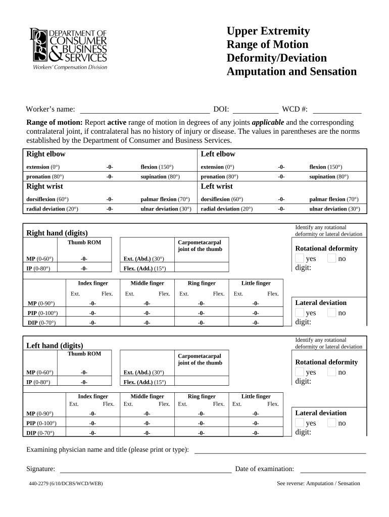 Fill and Sign the Range of Motion and Deformitydeviation Amputation and Sensation of the Upper Extremity Oregon