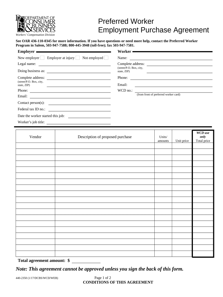 Preferred Worker Obtained Employment Purchase Agreement Oregon  Form