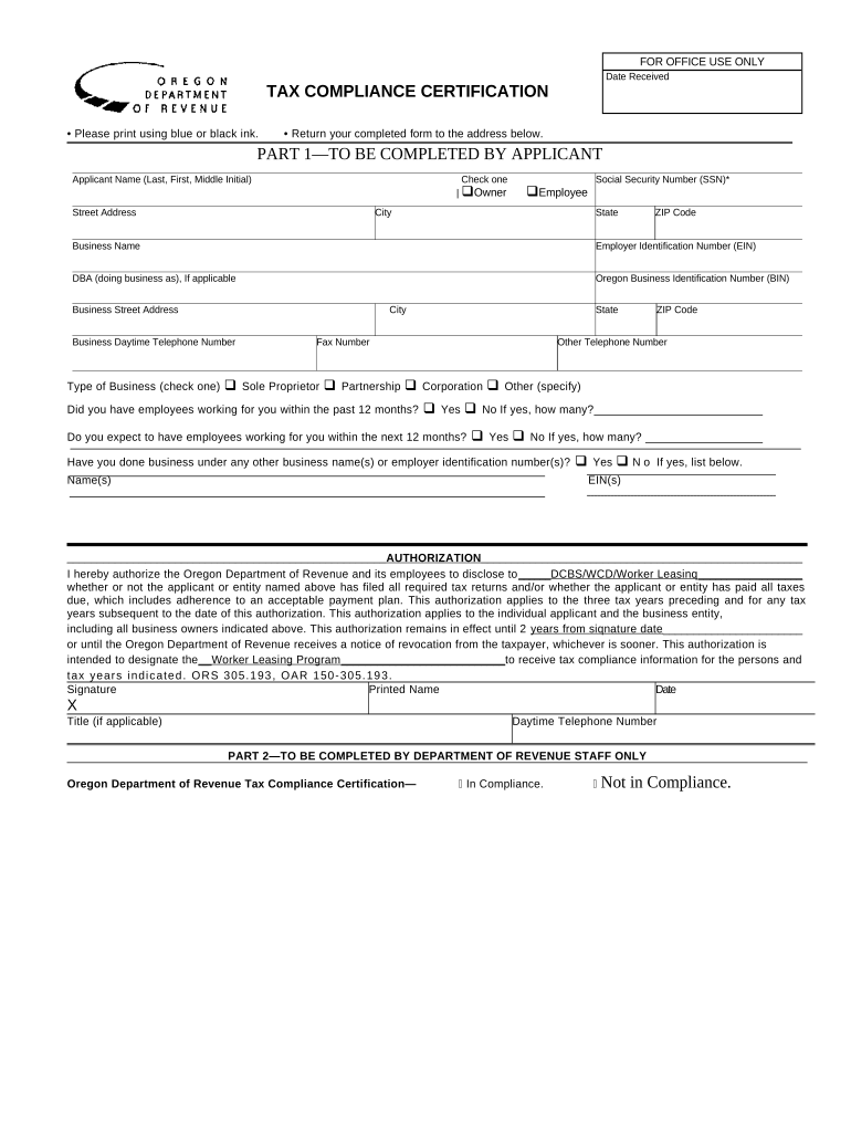 Oregon Tax Compliance  Form