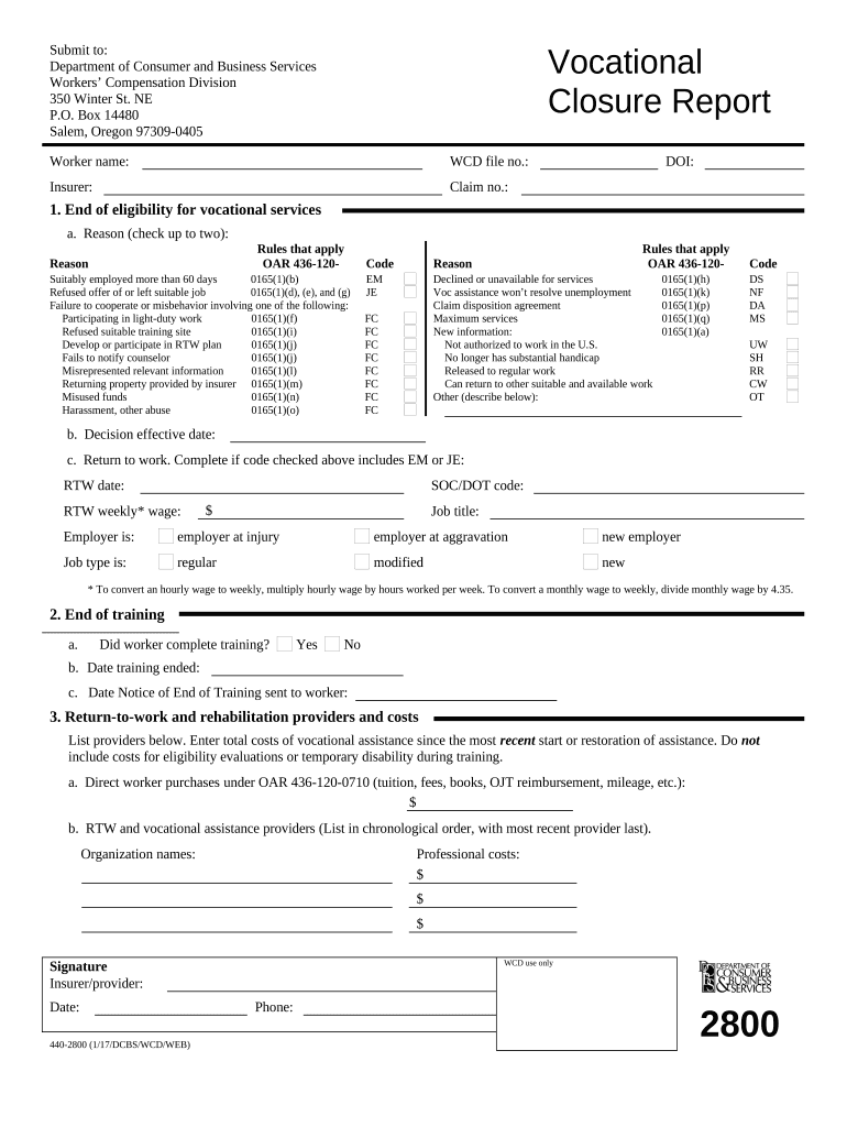 Vocational Closure Report Oregon  Form