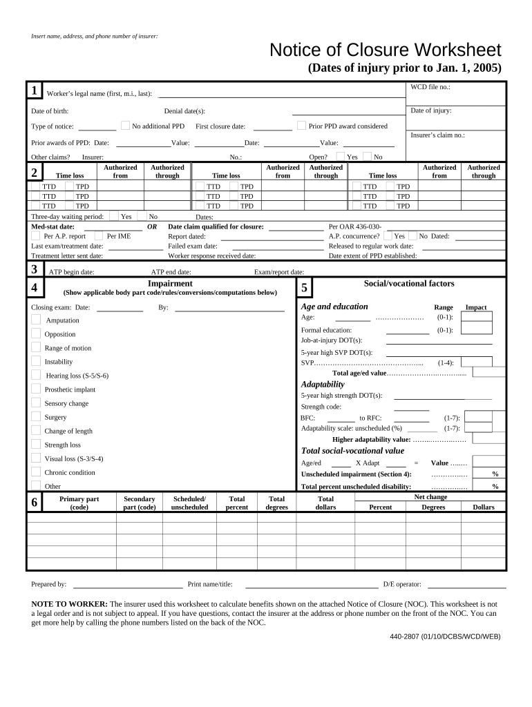 Notice of Closure Worksheet Injury Prior to January 1, Oregon  Form