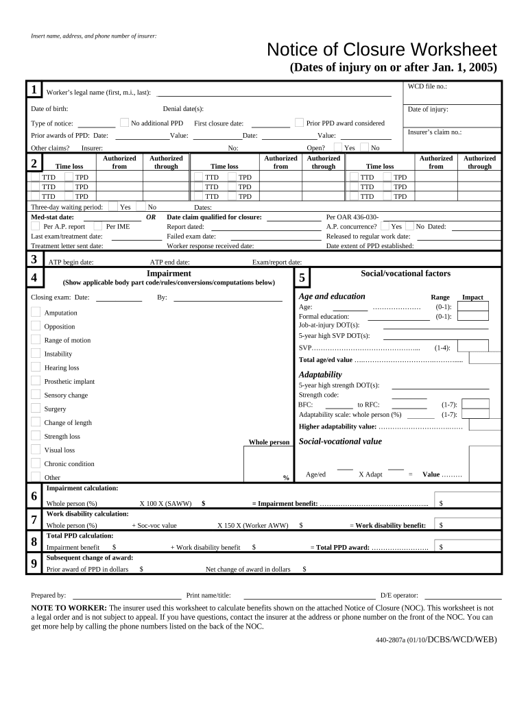 Notice of Closure Worksheet Injury on or After January 1, Oregon  Form