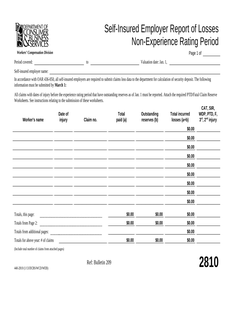 Self Insurer Report of Losses Non Experience Rating Period Oregon  Form