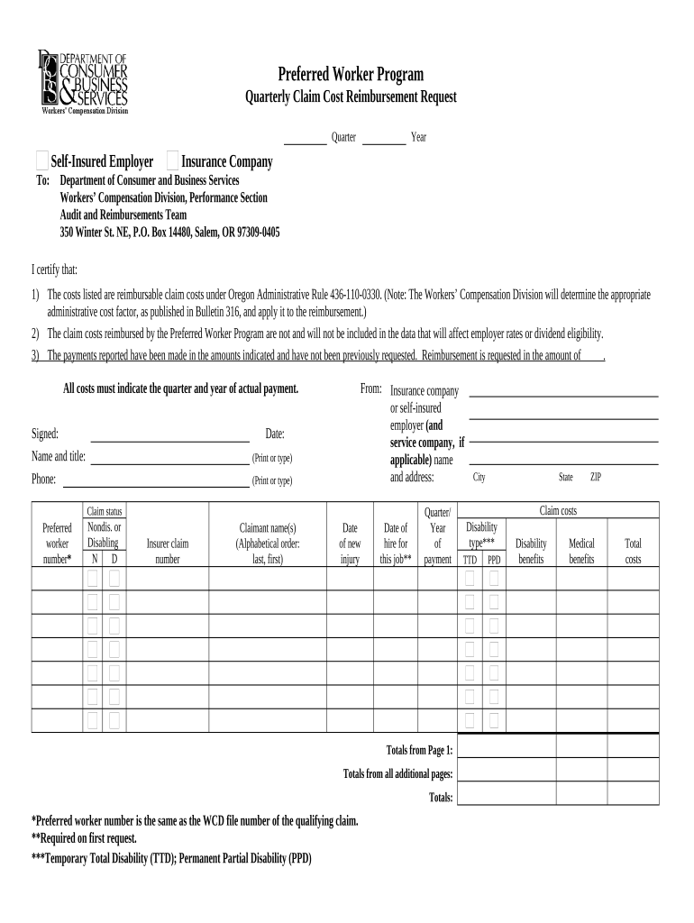 Preferred Worker Program Quarterly Claim Cost Reimbursement Request Oregon  Form