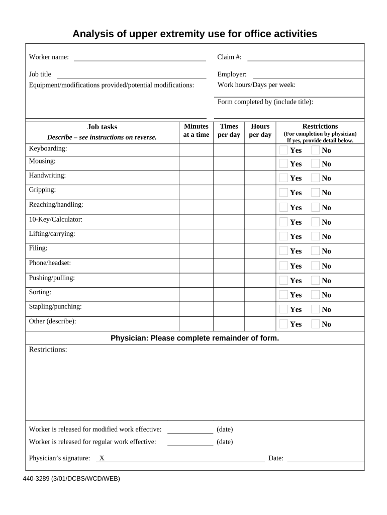 Analysis of Upper Extremity Use for Office Activities Oregon  Form