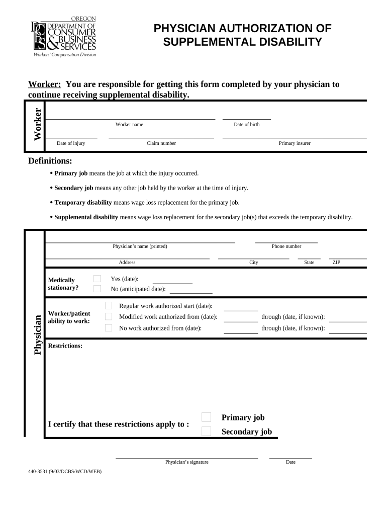 Physician Authorization of Supplemental Disability Oregon  Form