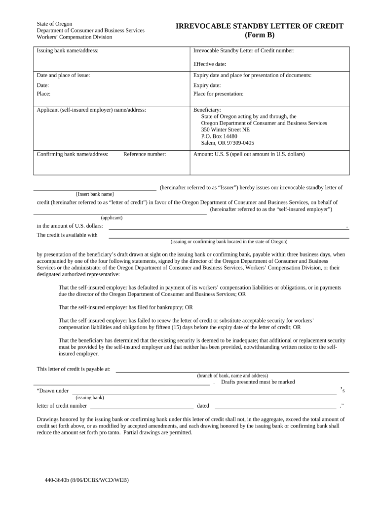 Workers Compensation Irrevocable Standby Letter of Credit Form B Oregon