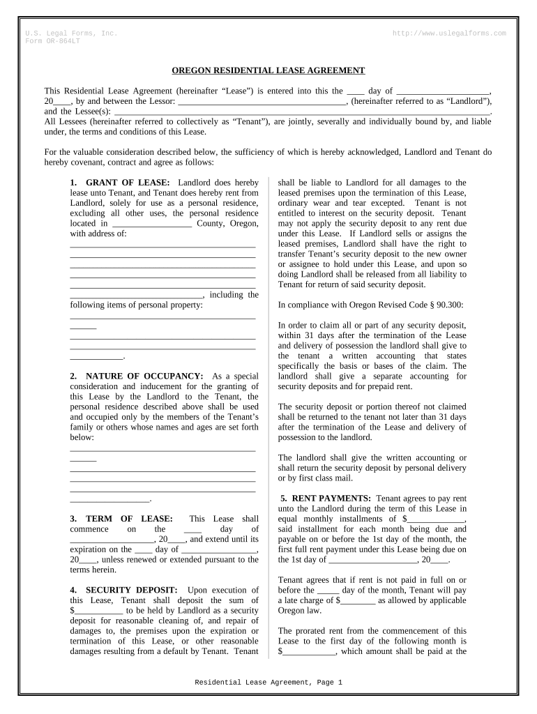 Residential Rental Lease Agreement Oregon  Form