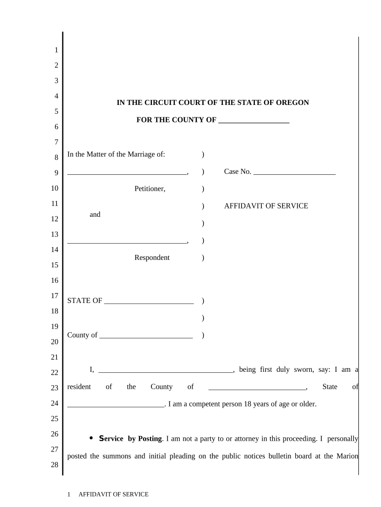 Affidavit of Service Regarding Marriage Oregon  Form