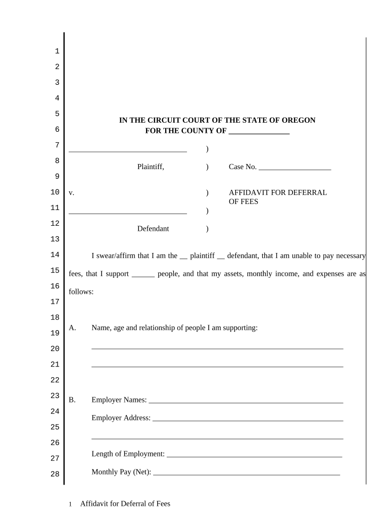 Affidavit for Deferral of Fees with Emphasis on Persons Supported and Employment Oregon  Form
