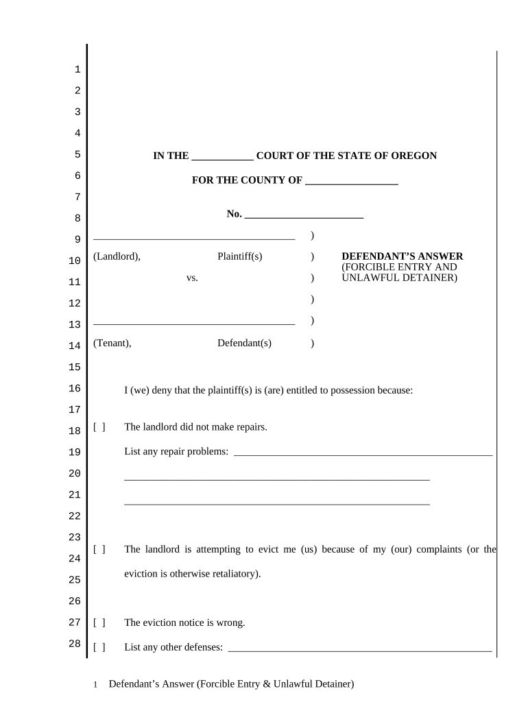 Defendants Answer Forcible Entry and Unlawful Detainer Oregon  Form