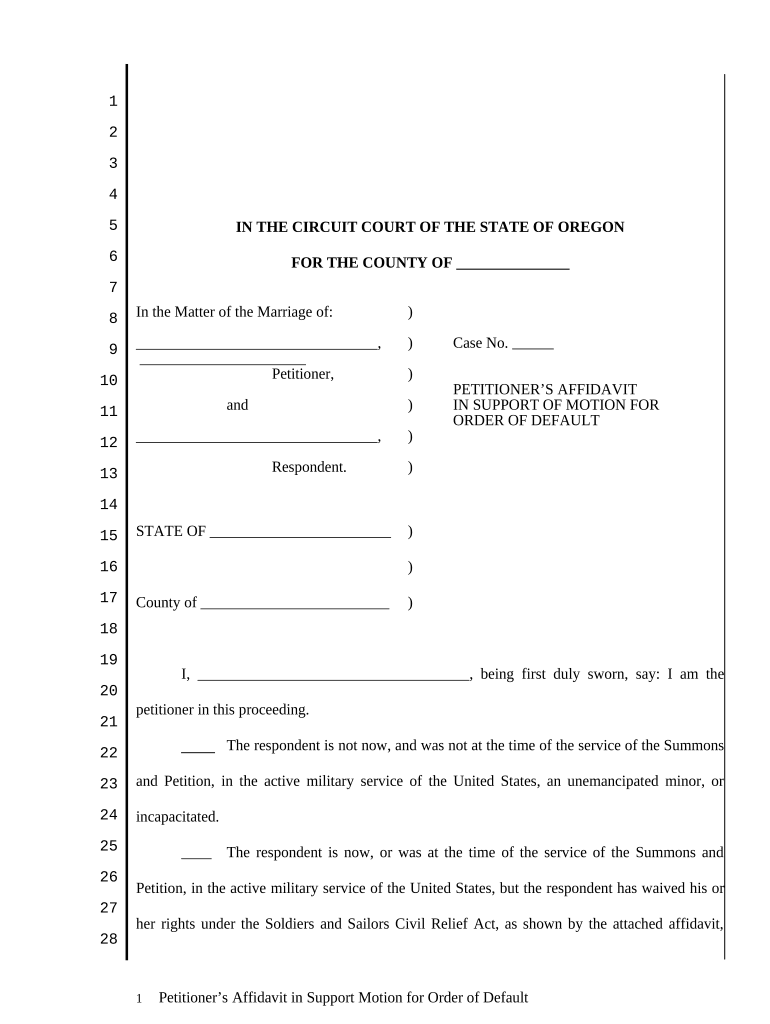 Petitioner's Affidavit in Support of Motion for Order of Default Oregon  Form