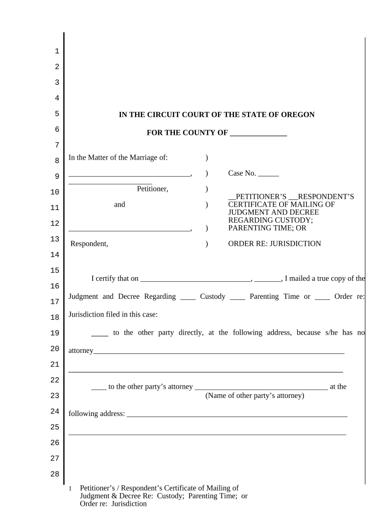 Petitioner's Respondent's Certificate of Mailing of Judgment and Decree Oregon  Form