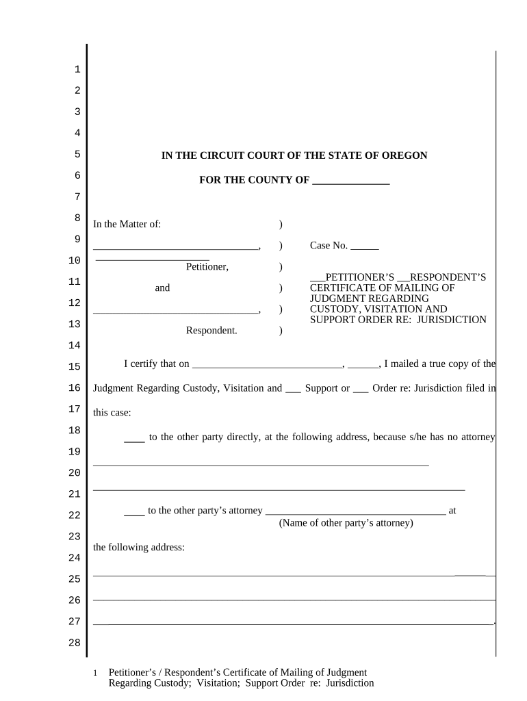 Certificate of Mailing Judgment Regarding Custody Visitation and Support Order Regarding Jurisdiction Oregon  Form