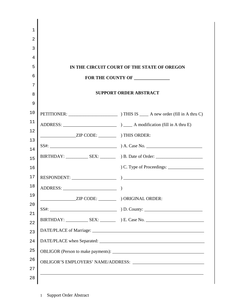 Support Order Abstract Oregon  Form