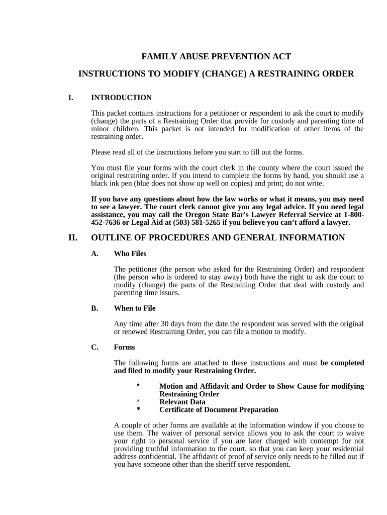 FAPA Instruction to Modify Change Restraining Order Oregon  Form