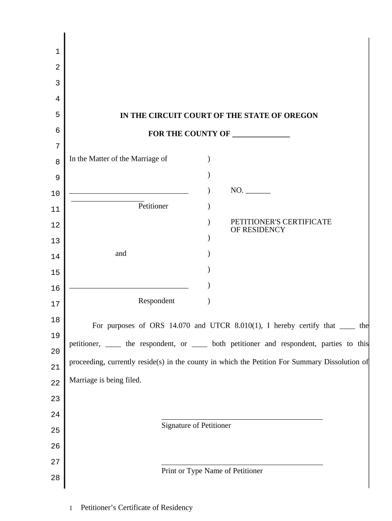 Oregon Certificate Residency  Form