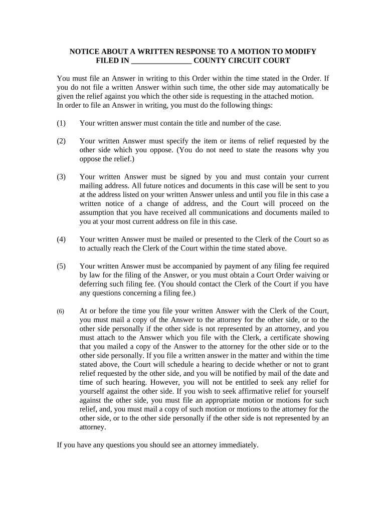Instructions Regarding Notice Regarding Written Response to Motion to Modify Oregon  Form