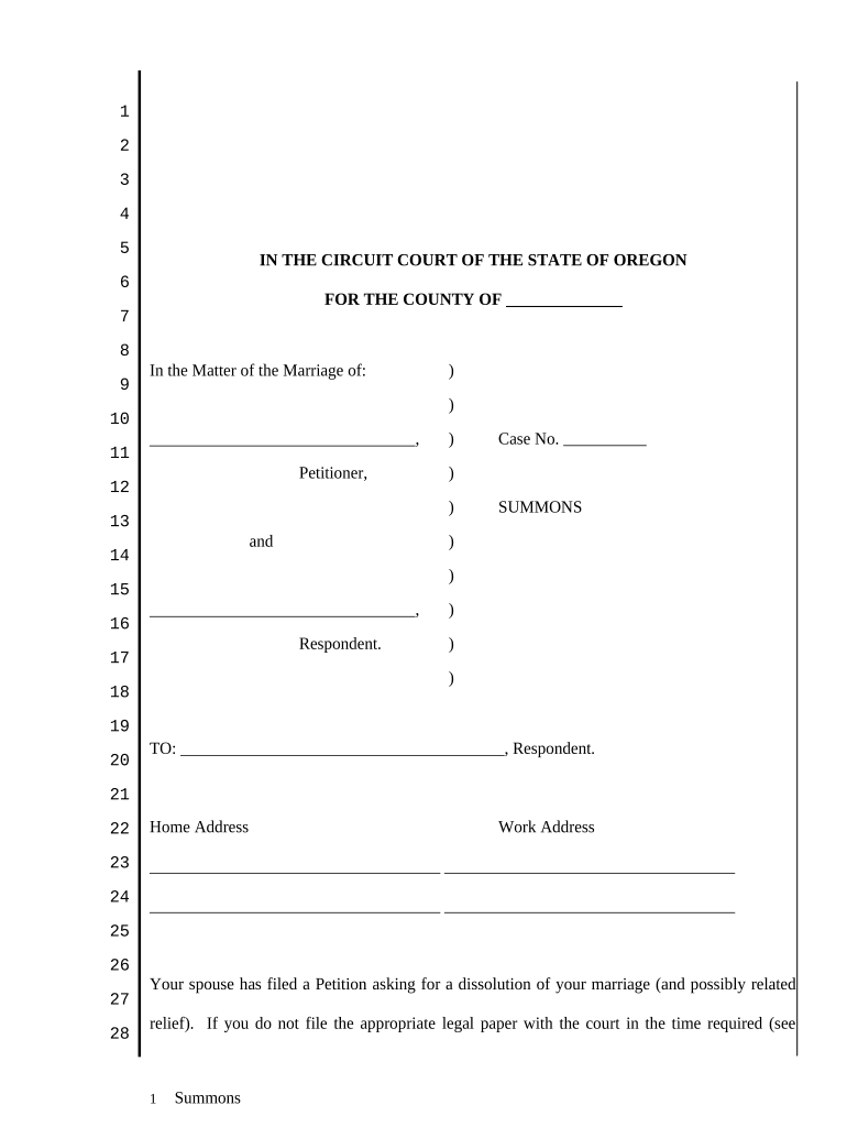 Summons Regarding Marriage Dissolution Oregon  Form