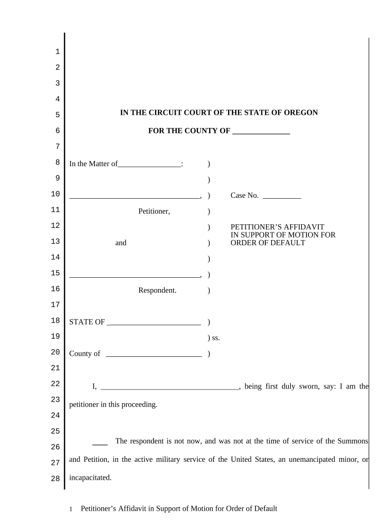 Petitioners Affidavit in Support of Motion for Order of Default Oregon  Form