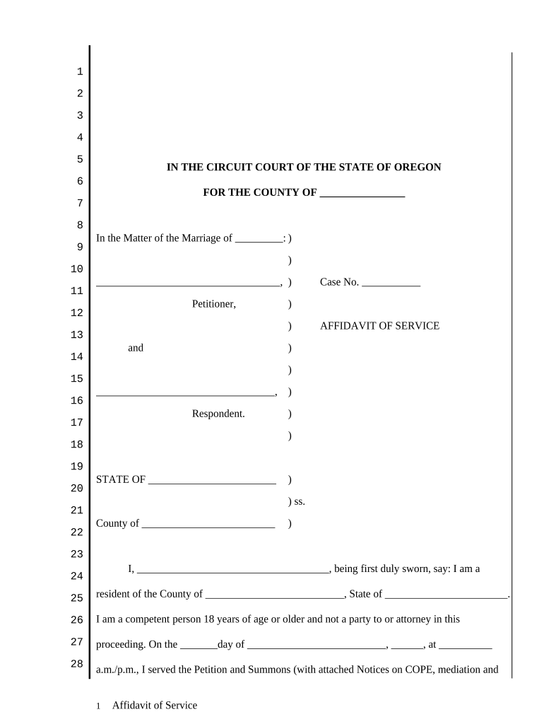 Affidavit of Service Regarding Petition and Summons Oregon  Form