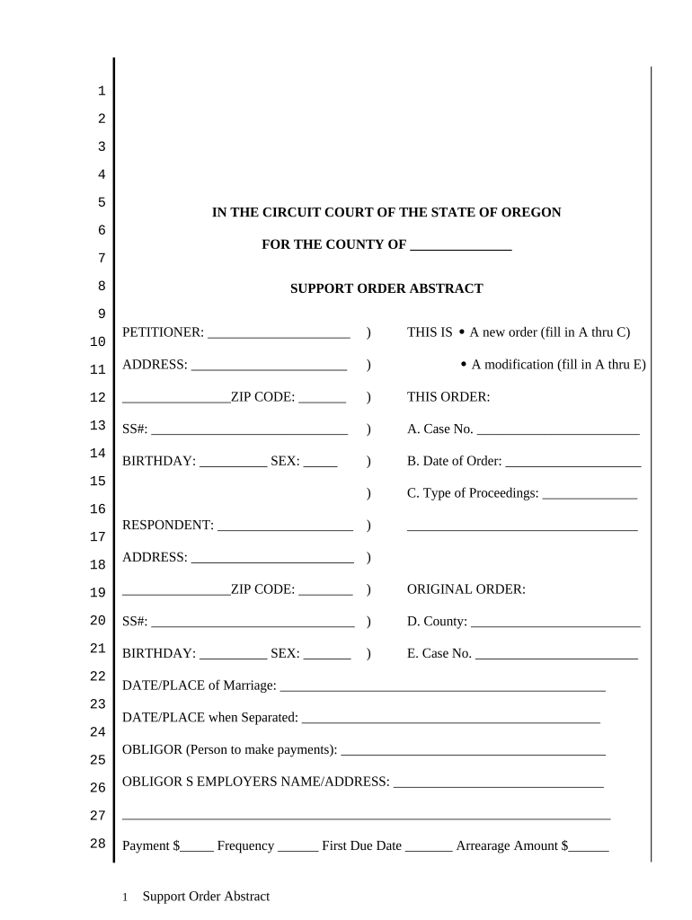 Support Order Abstract Oregon  Form