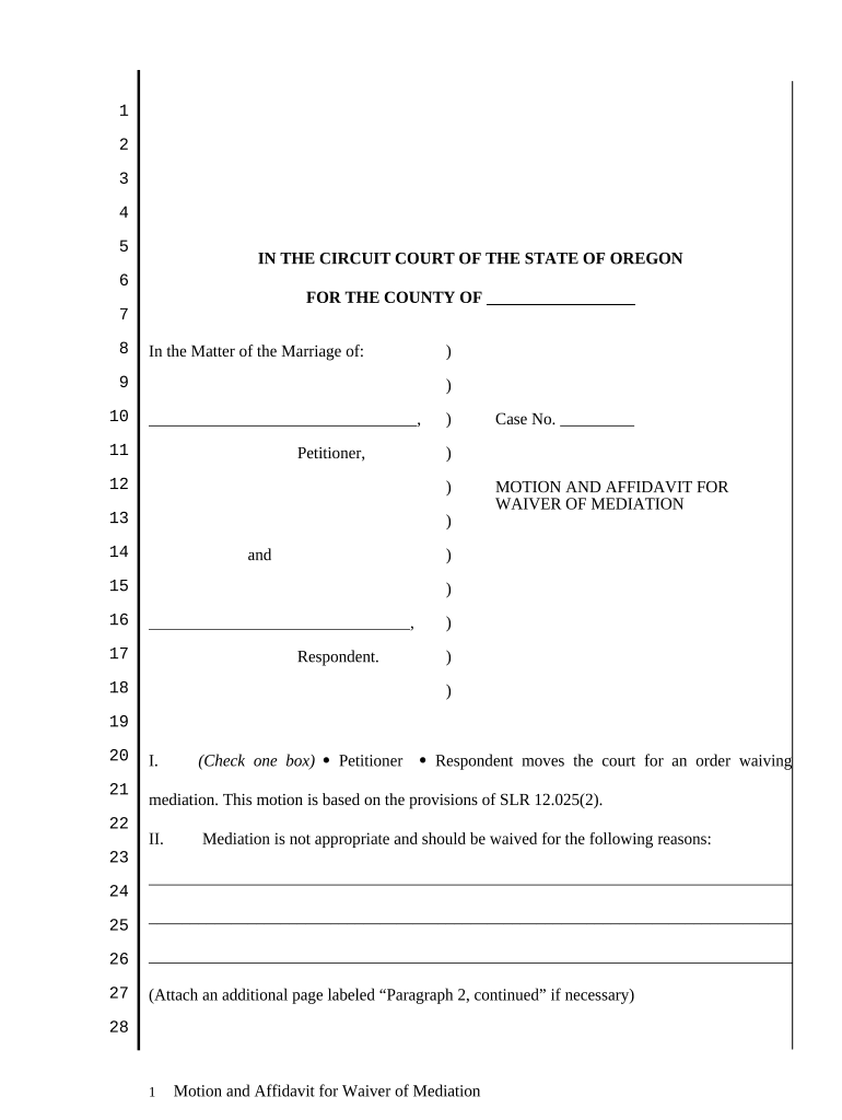 Motion and Affidavit for Waiver of Mediation Oregon  Form