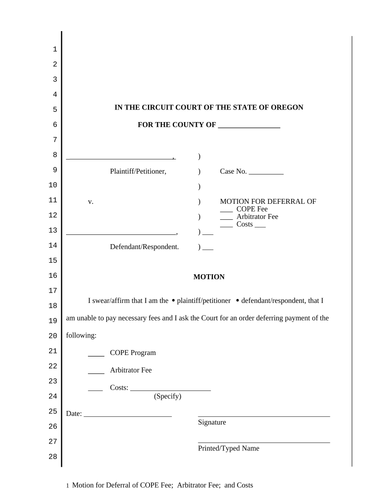 Motion for Deferral of Various Fees Oregon  Form