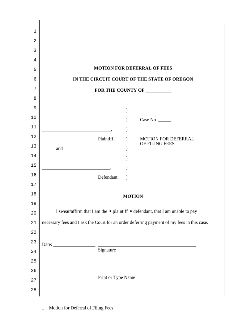 Motion for Deferral of Filing Fees Oregon  Form