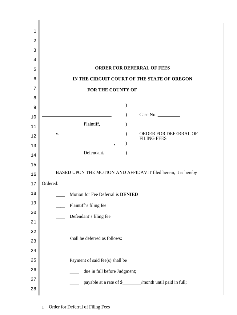 Order for Deferral of Filing Fee Oregon  Form